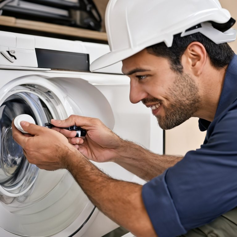 Técnico revisando la tapa de una lavadora con una herramienta en mano.